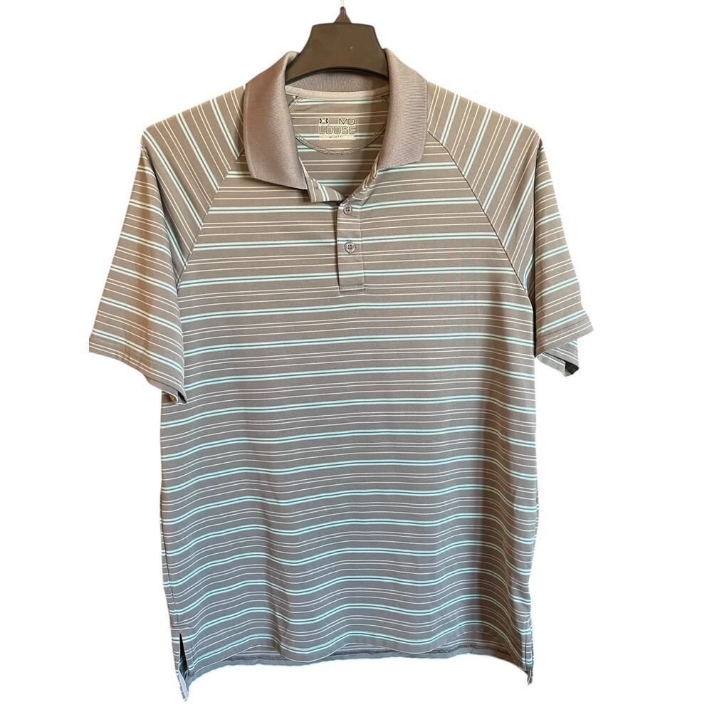 Under Armour Men's Sz M Loose Heat Gear Gray/Blue Striped Short Sleeve Polo